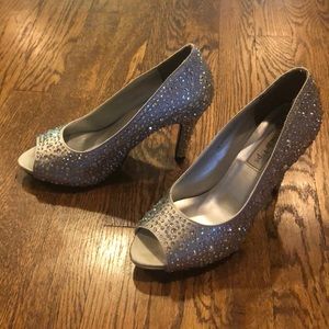 Rhinestone silver peep toe heels size 7